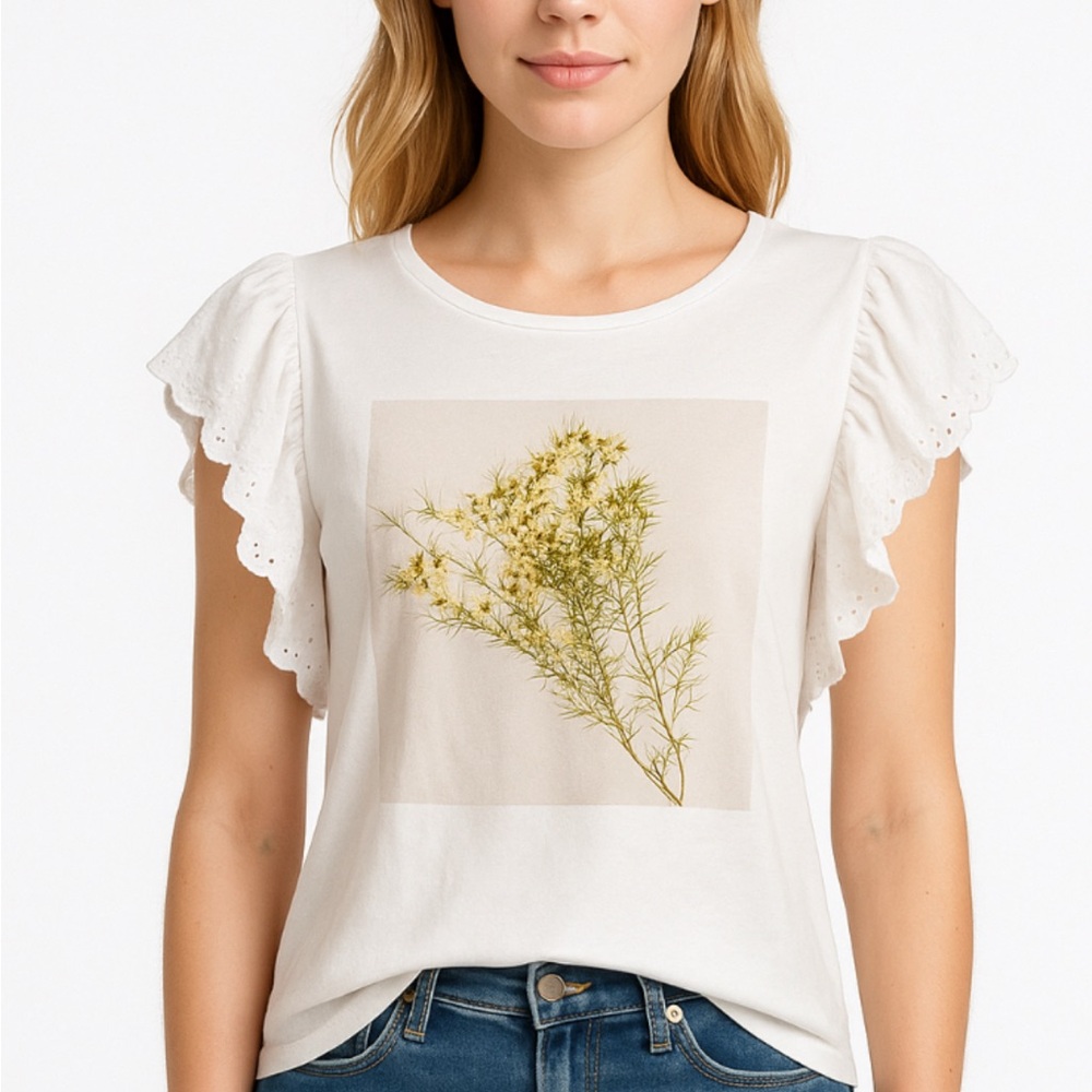 Zara White Floral Print Ruffle Sleeve Top Size Small